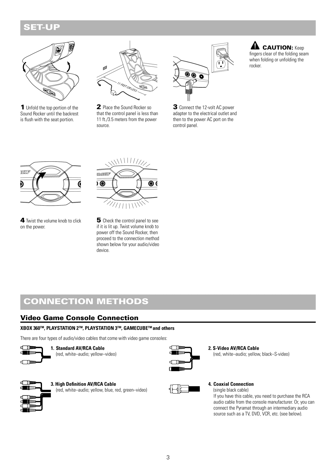 Pyramat S1000 manual Set-Up, Connection Methods, Video Game Console Connection, Standard AV/RCA Cable Video AV/RCA Cable 