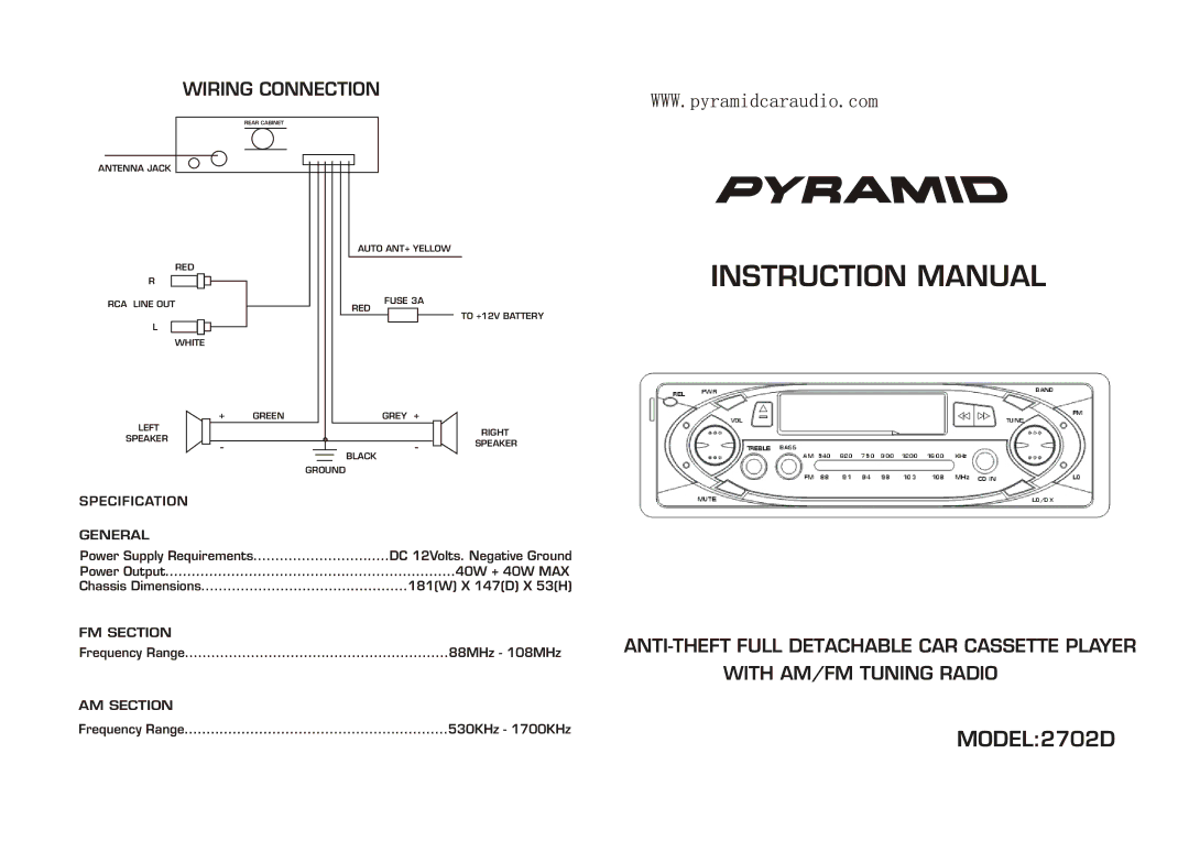 Pyramid Car Audio instruction manual MODEL2702D, Wiring Connection, Specification General, FM Section, AM Section 