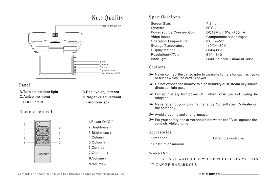 Pyramid Car Audio Car Video System specifications No.1 Quality, Remote control, Specifications, Accessories 