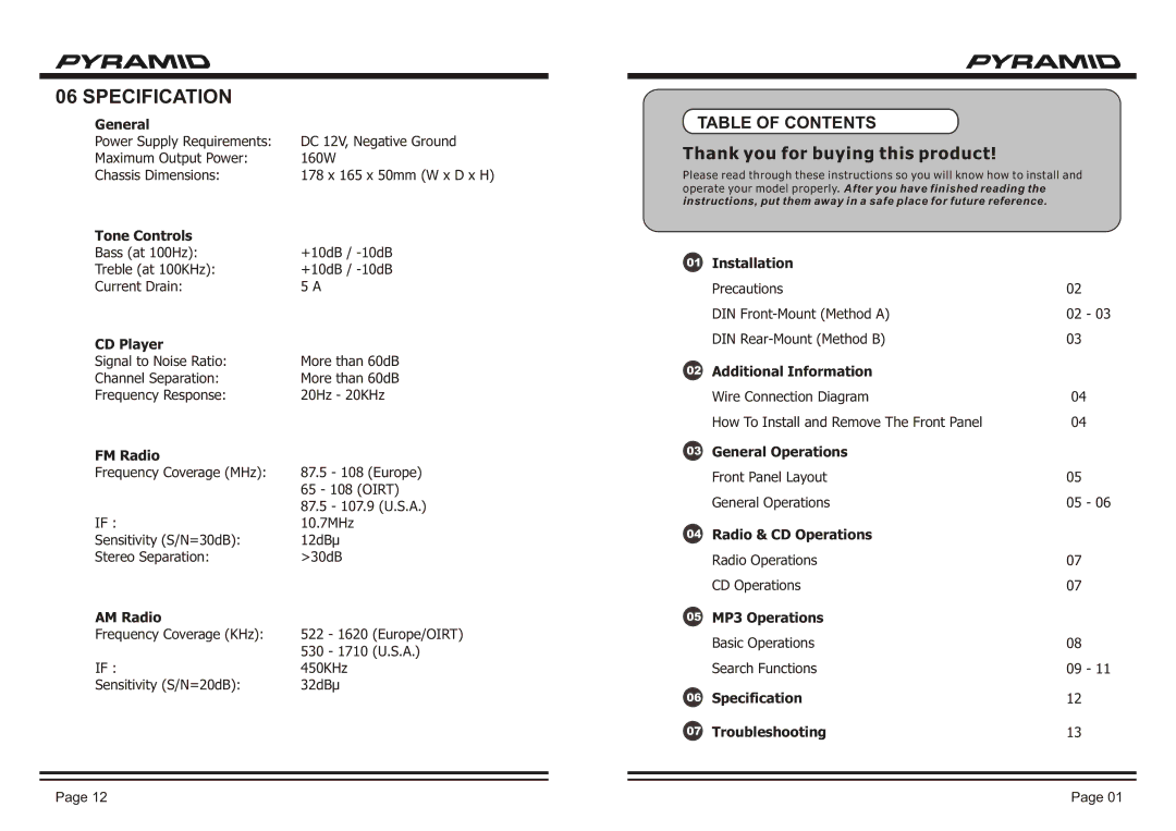 Pyramid Car Audio CDR-39M operation manual Specification, General 