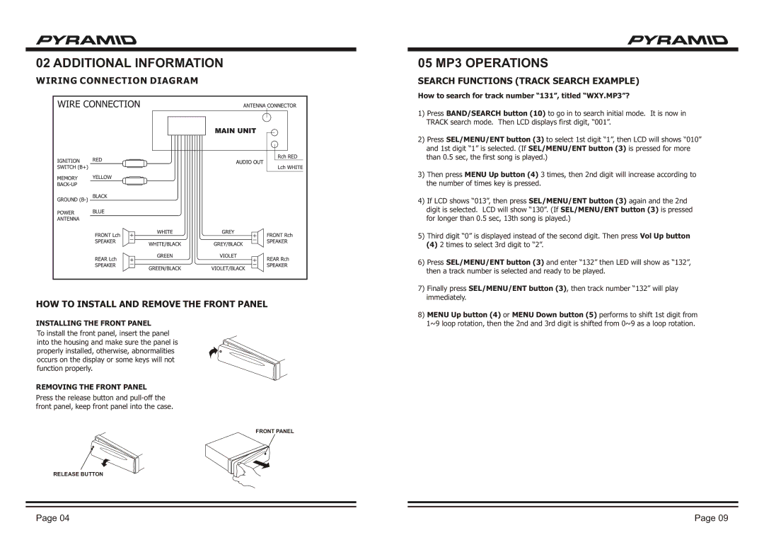 Pyramid Car Audio CDR-39M Additional Information, Search Functions Track Search Example, Installing the Front Panel 