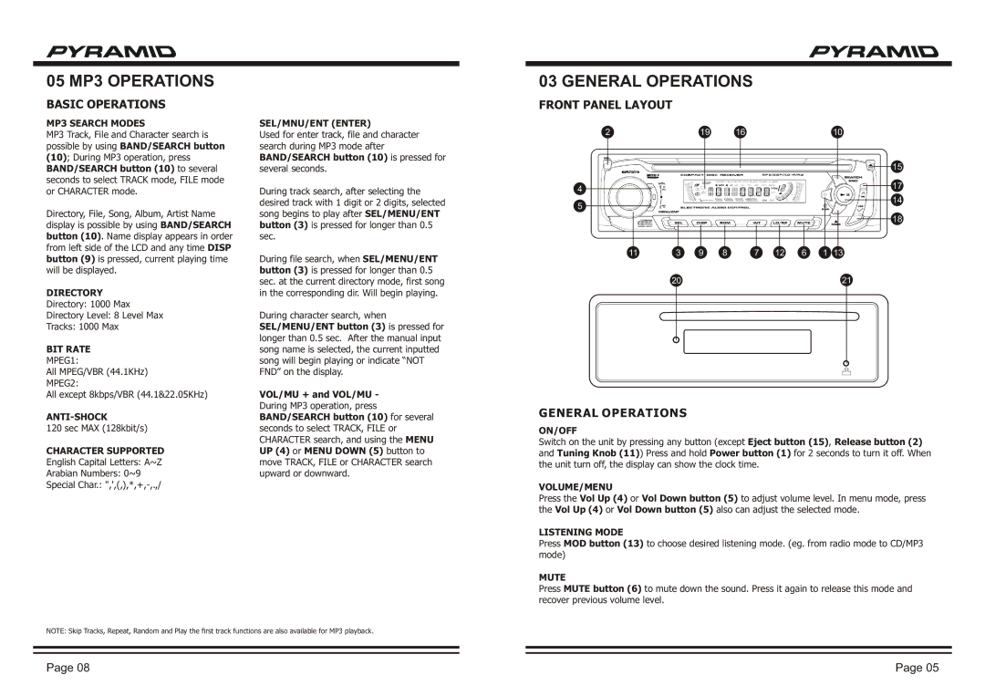 Pyramid Car Audio CDR-39M operation manual General Operations, Basic Operations, Front Panel Layout 