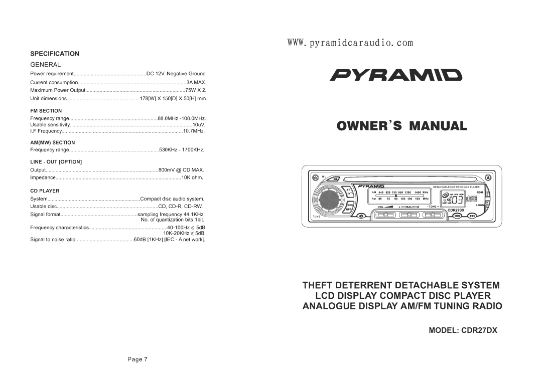 Pyramid Car Audio CDR27DX manual 