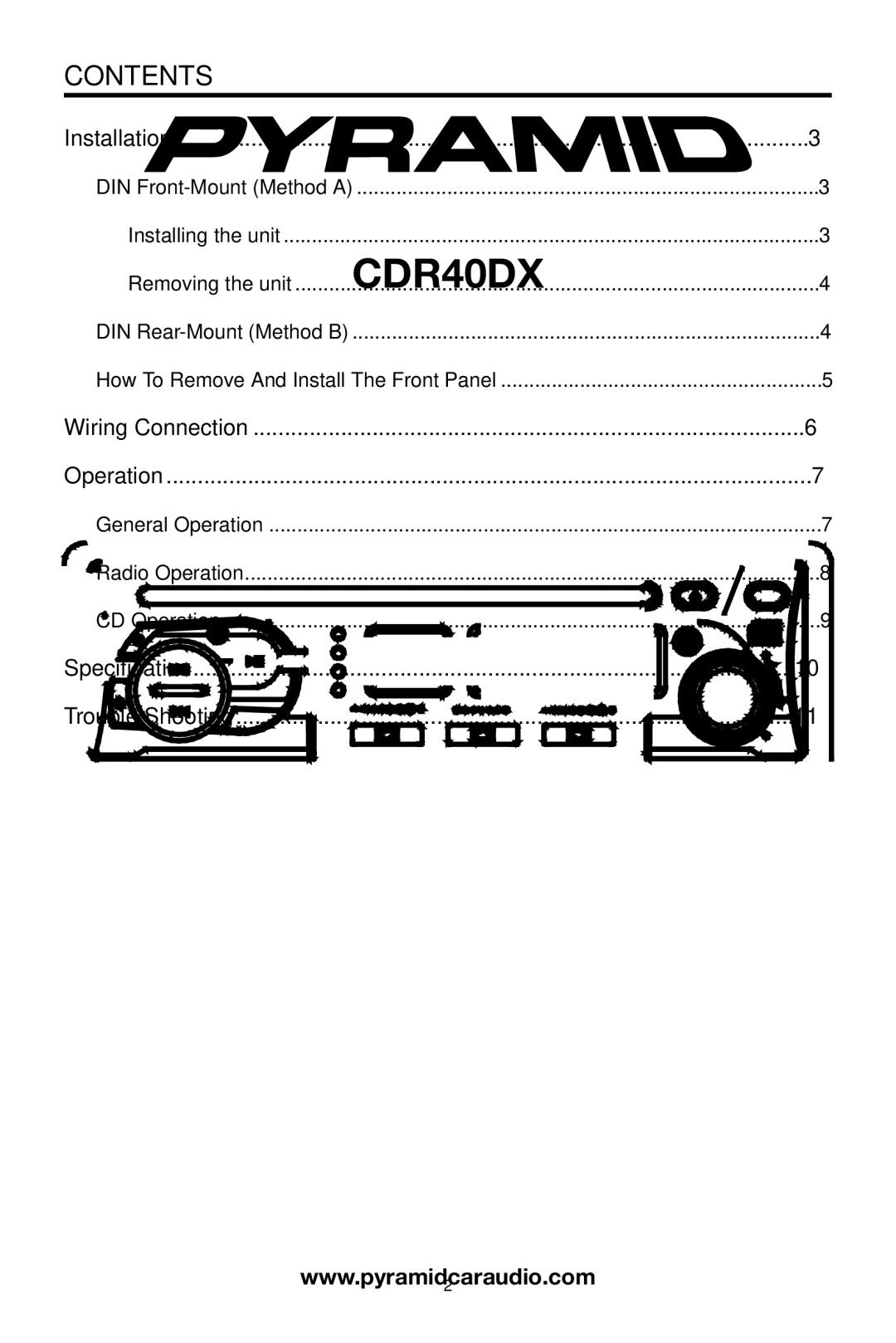 Pyramid Car Audio CDR40DX owner manual Contents 