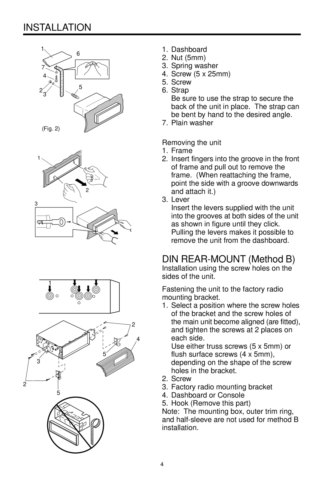 Pyramid Car Audio CDR40DX owner manual DIN REAR-MOUNT Method B, Removing the unit 