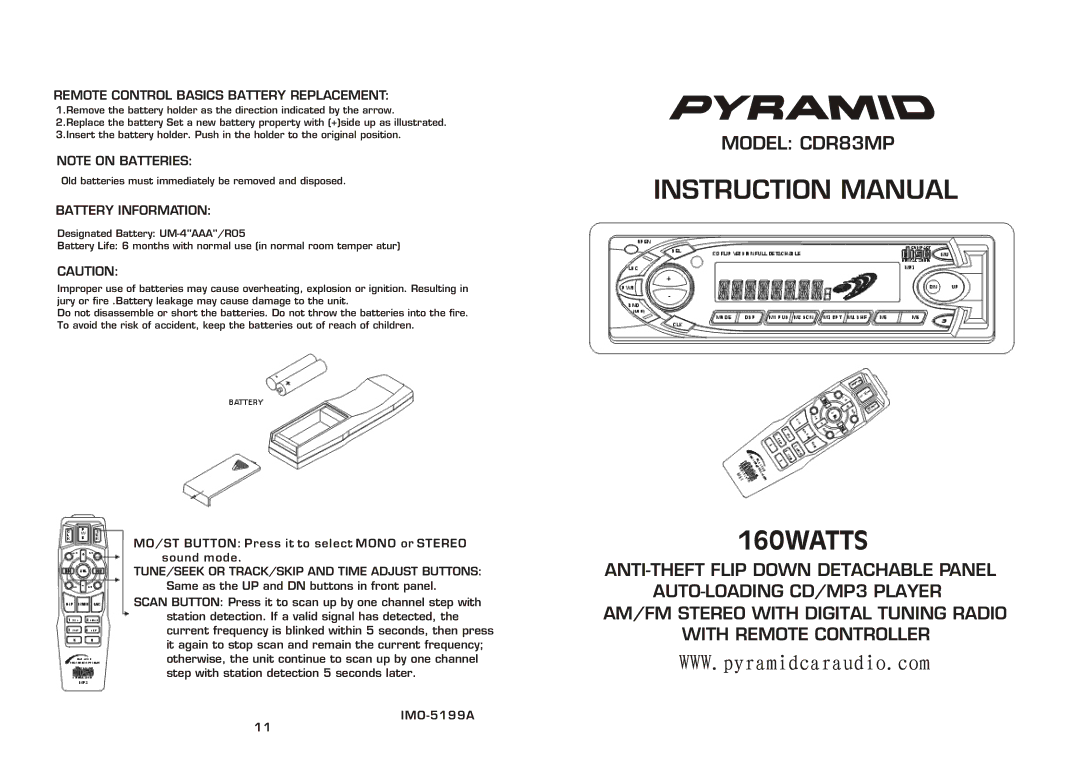 Pyramid Car Audio instruction manual Model CDR83MP, Remote Control Basics Battery Replacement, Battery Information 