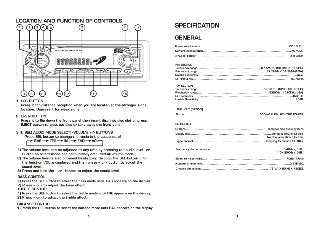 Pyramid Car Audio CDR83MP instruction manual Specification, General, Location and Function of Controls 