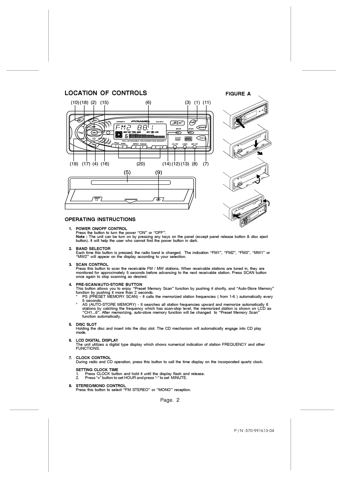 Pyramid Car Audio CDR88DFX Power ON/OFF Control, Band Selector, Scan Control, PRE-SCAN/AUTO-STORE Button, Disc Slot 