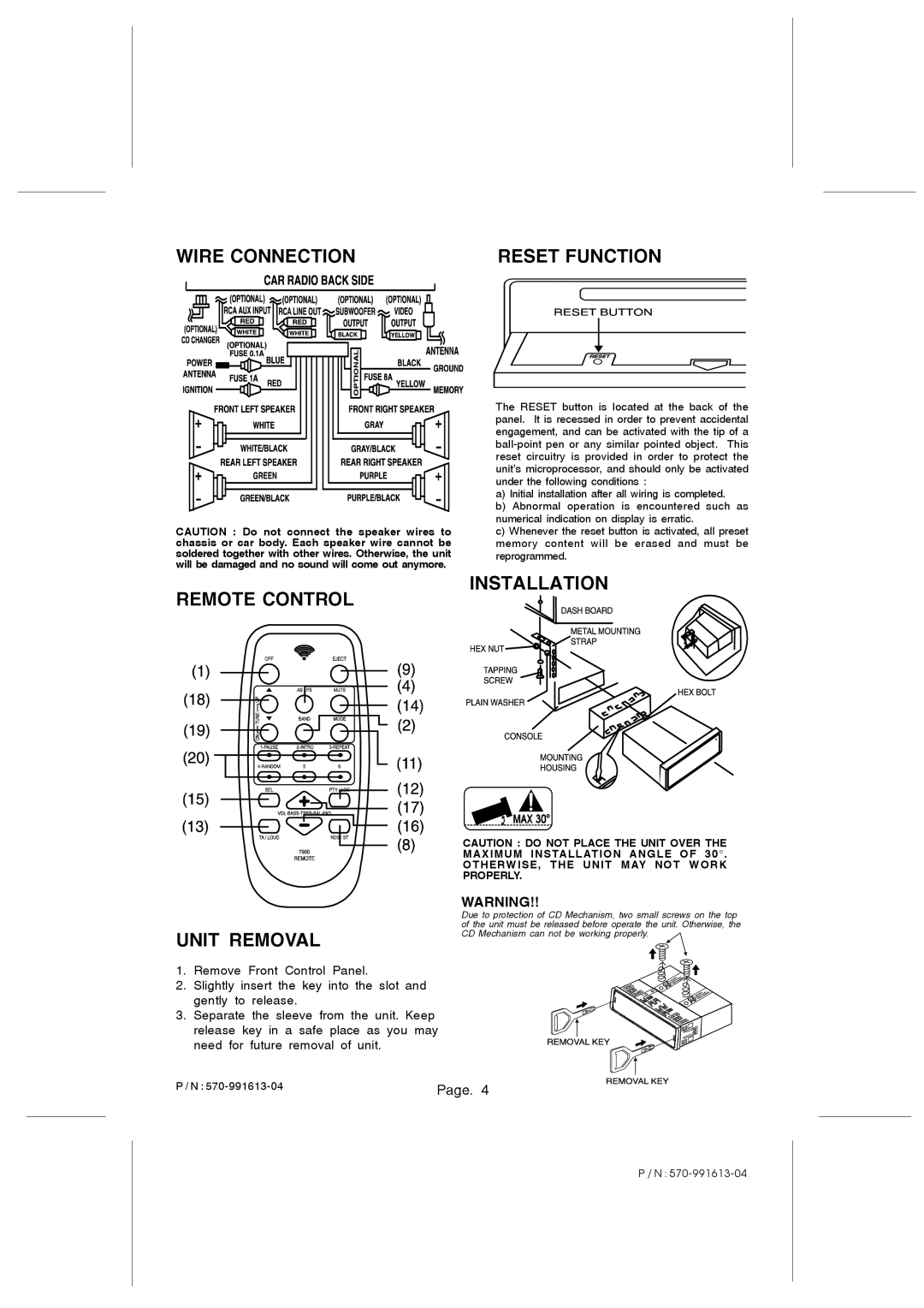 Pyramid Car Audio CDR88DFX owner manual Wire Connection Reset Function 