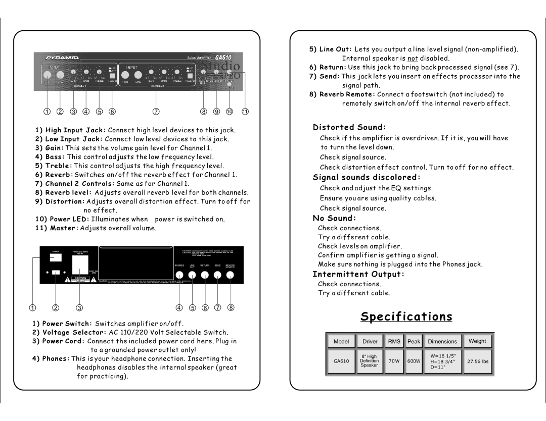 Pyramid Car Audio GA610 Specifications, Distorted Sound, Signal sounds discolored, No Sound, Intermittent Output 