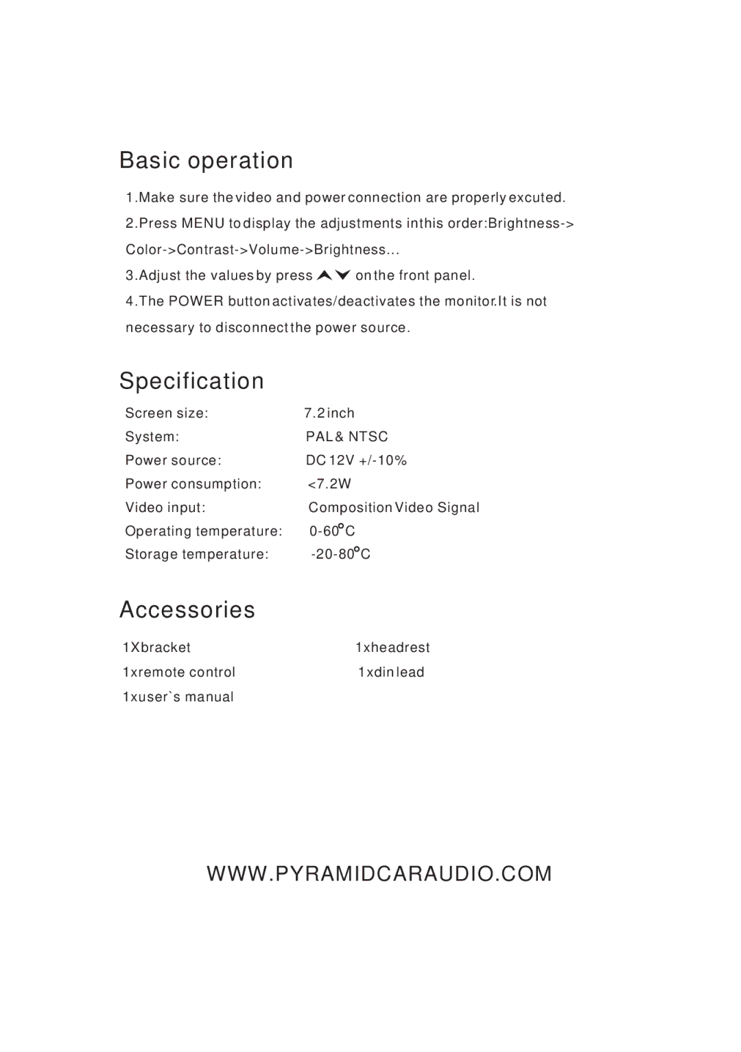 Pyramid Car Audio MV7SC manual Basic operation, Specification, Accessories 