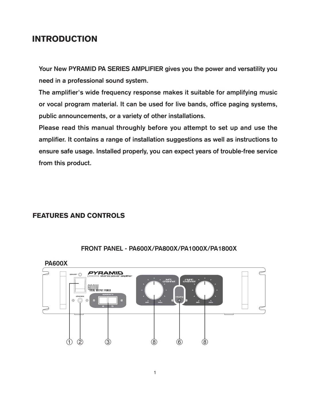 Pyramid Car Audio PA1800X, PA800X, PA1000X manual Introduction, PA600X 