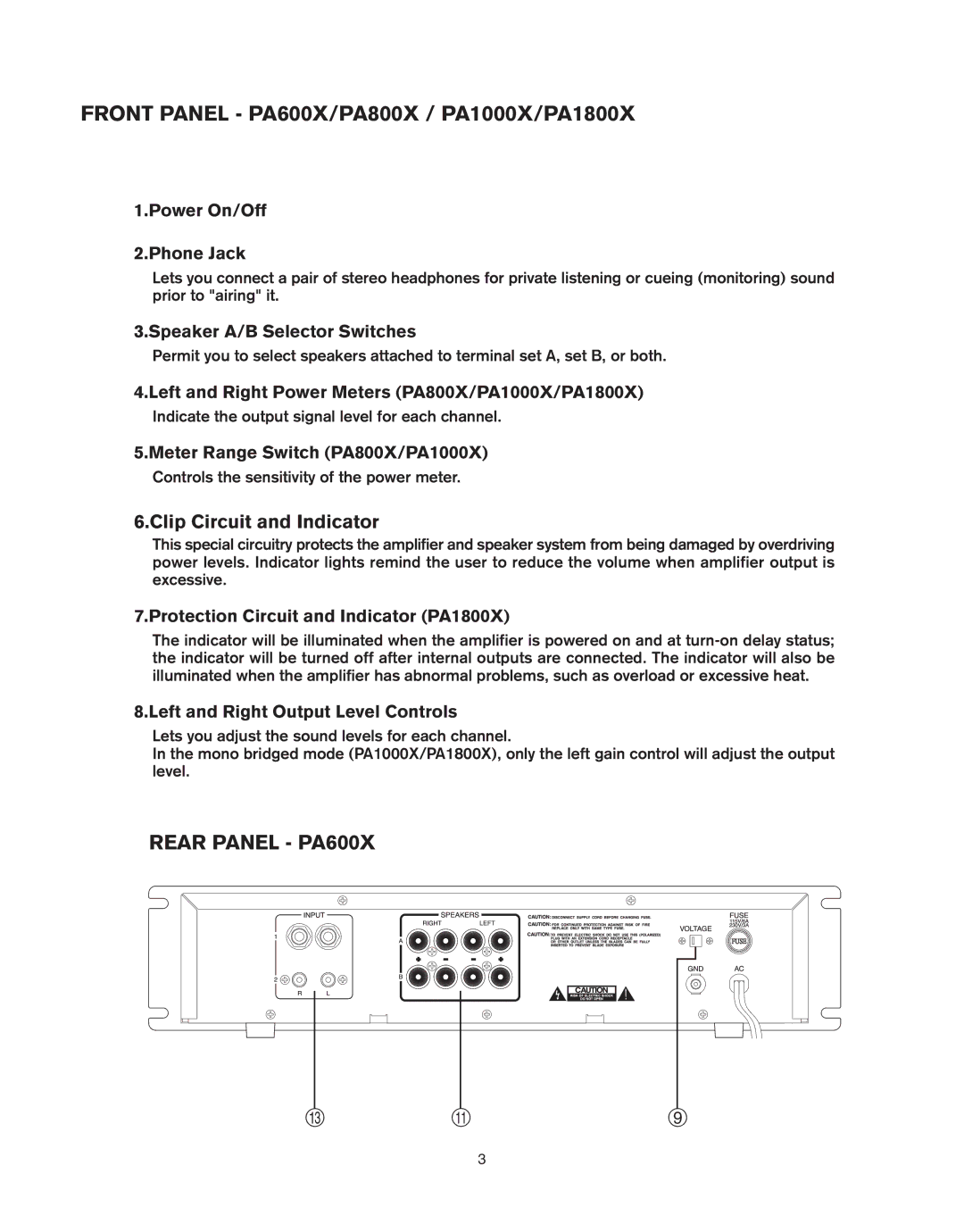 Pyramid Car Audio manual Front Panel PA600X/PA800X / PA1000X/PA1800X, Clip Circuit and Indicator 