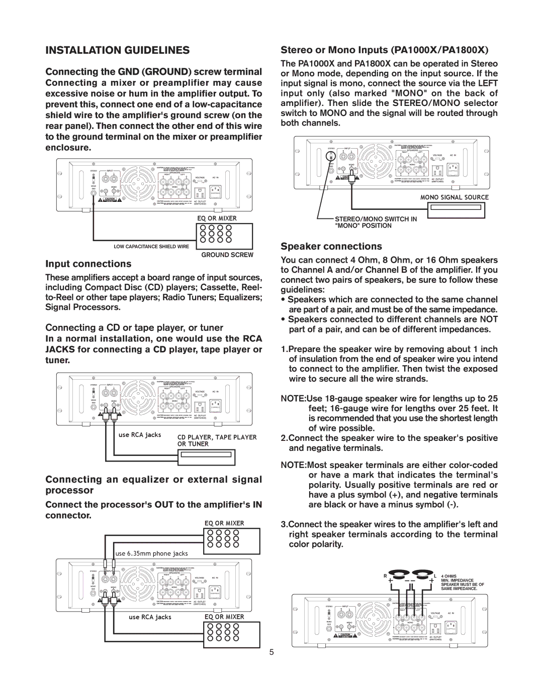 Pyramid Car Audio PA1800X, PA800X, PA1000X Connecting the GND Ground screw terminal, Input connections, Speaker connections 