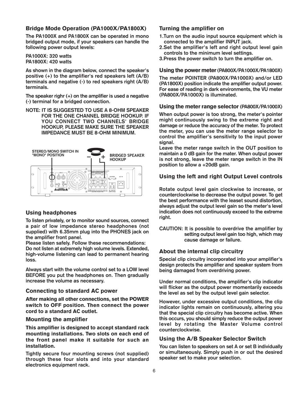 Pyramid Car Audio PA600X, PA800X Bridge Mode Operation PA1000X/PA1800X, Using headphones, Connecting to standard AC power 