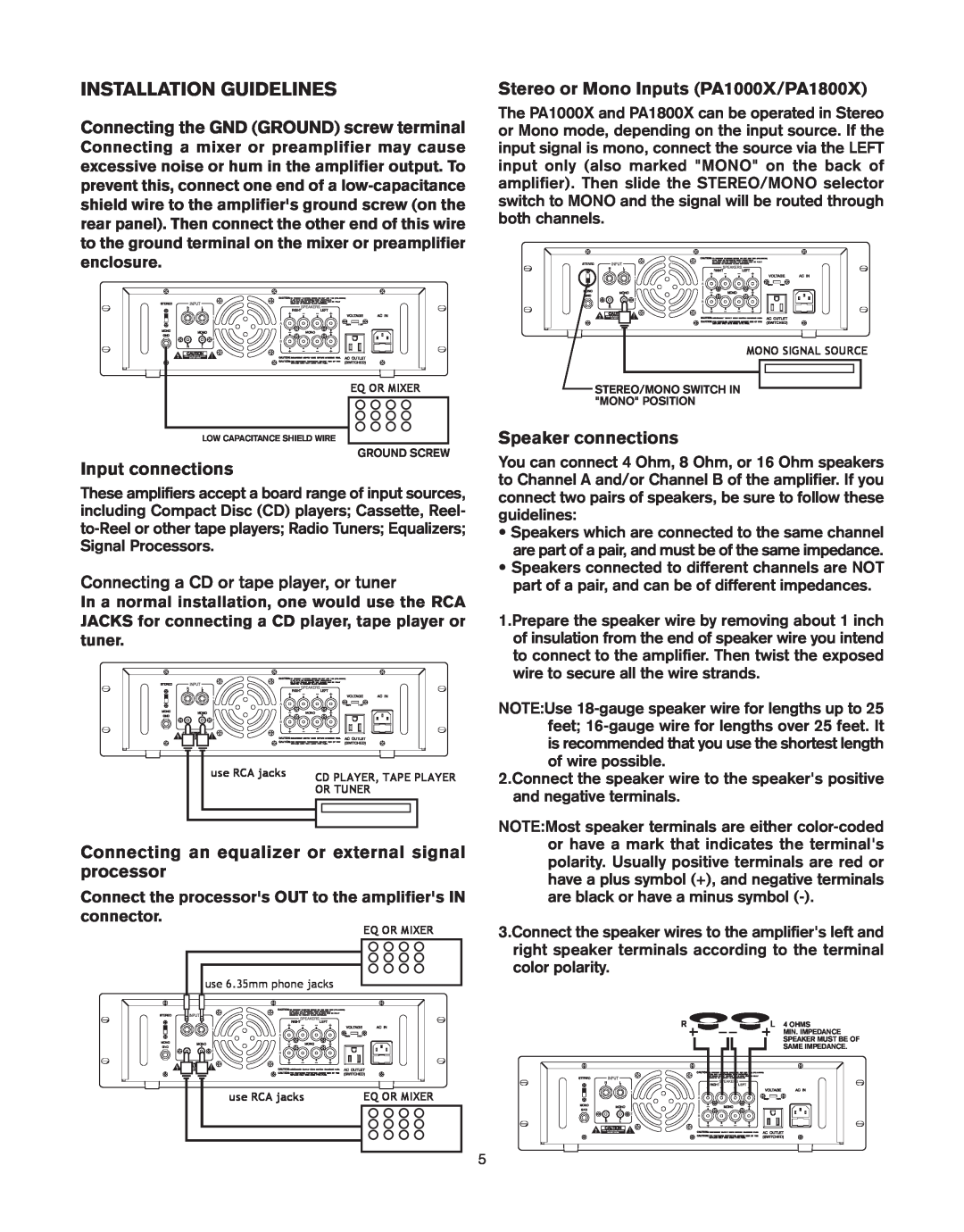 Pyramid Car Audio PA1800X, PA800X Installation Guidelines, Connecting the GND GROUND screw terminal, Input connections 