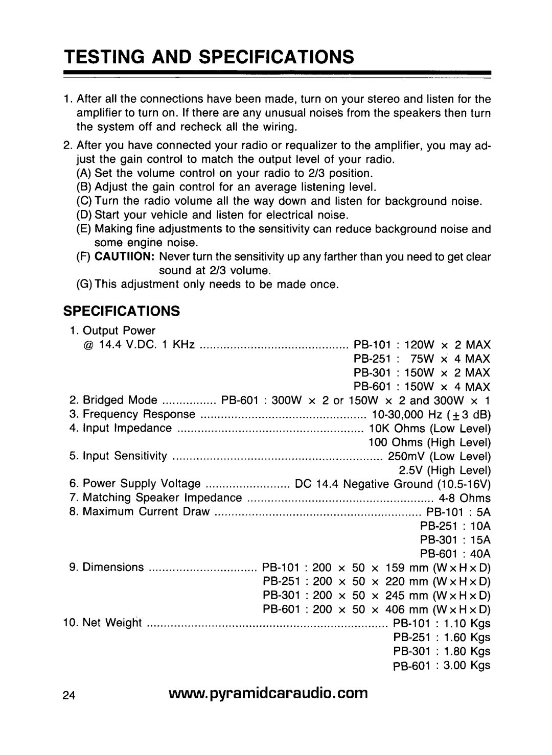 Pyramid Car Audio PB-601, PB-101, PB-301, PB-251 manual 