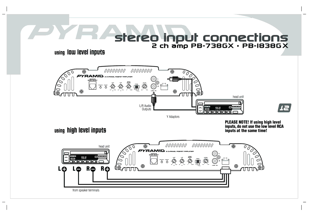 Pyramid Car Audio PB-1038GX, PB-638GX, PB-238GX, PB-1838GX, PB-738GX Stereo input connections, Using low level inputs 