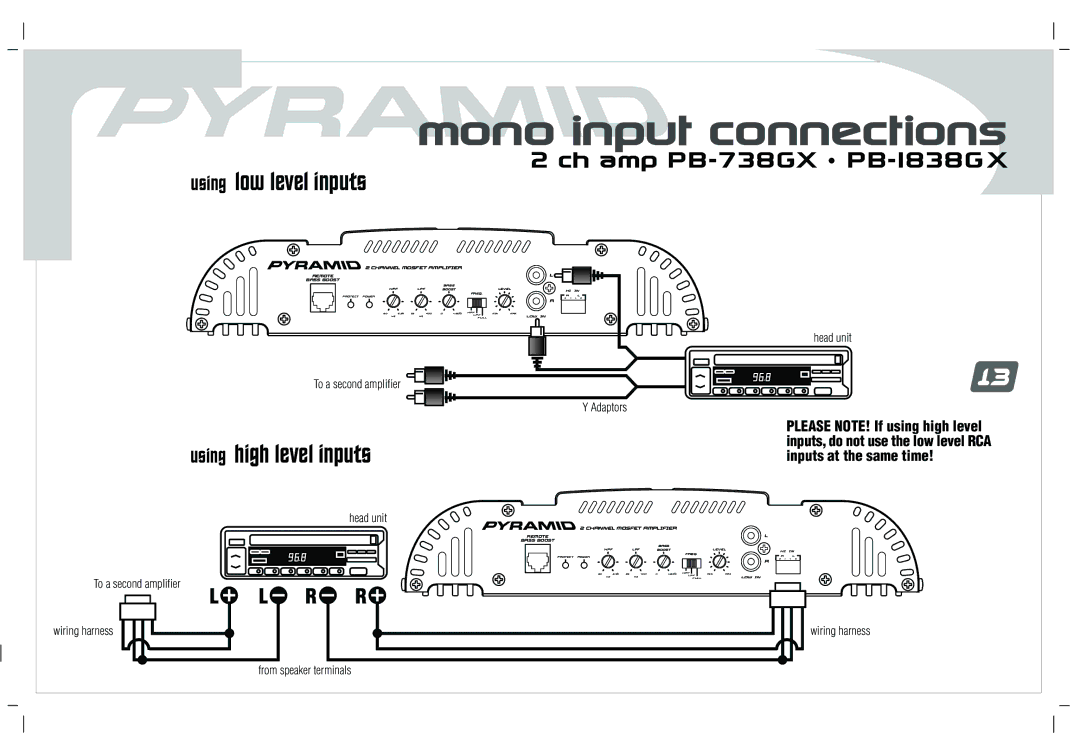 Pyramid Car Audio PB-638GX, PB-238GX, PB-1838GX, PB-738GX, PB-1038GX user manual Mono input connections, To a second amplifier 