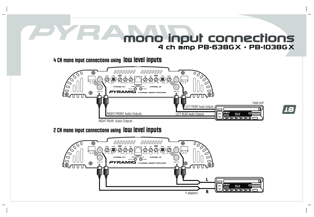 Pyramid Car Audio PB-638GX, PB-238GX, PB-1838GX, PB-738GX, PB-1038GX user manual Mono input connections, Low level inputs 