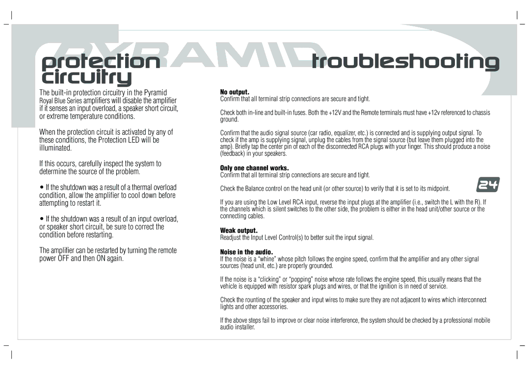 Pyramid Car Audio PB-238GX, PB-638GX, PB-1838GX, PB-738GX, PB-1038GX user manual Protection circuitry, Troubleshooting 