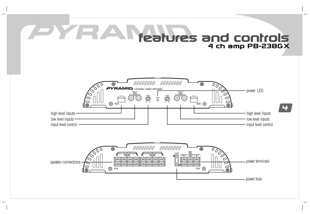 Pyramid Car Audio PB-638GX, PB-1838GX, PB-738GX, PB-1038GX user manual Features and controls, Ch amp PB-238GX 