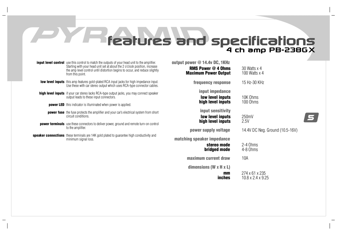 Pyramid Car Audio PB-1838GX, PB-638GX, PB-238GX, PB-738GX, PB-1038GX user manual Features and specifications 