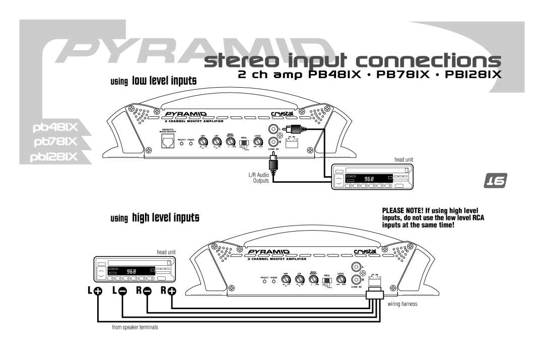 Pyramid Car Audio PB1281X, PB681X, PB881X, PB781X, PB1881X, PB481X manual Stereo input connections, Using high level inputs 