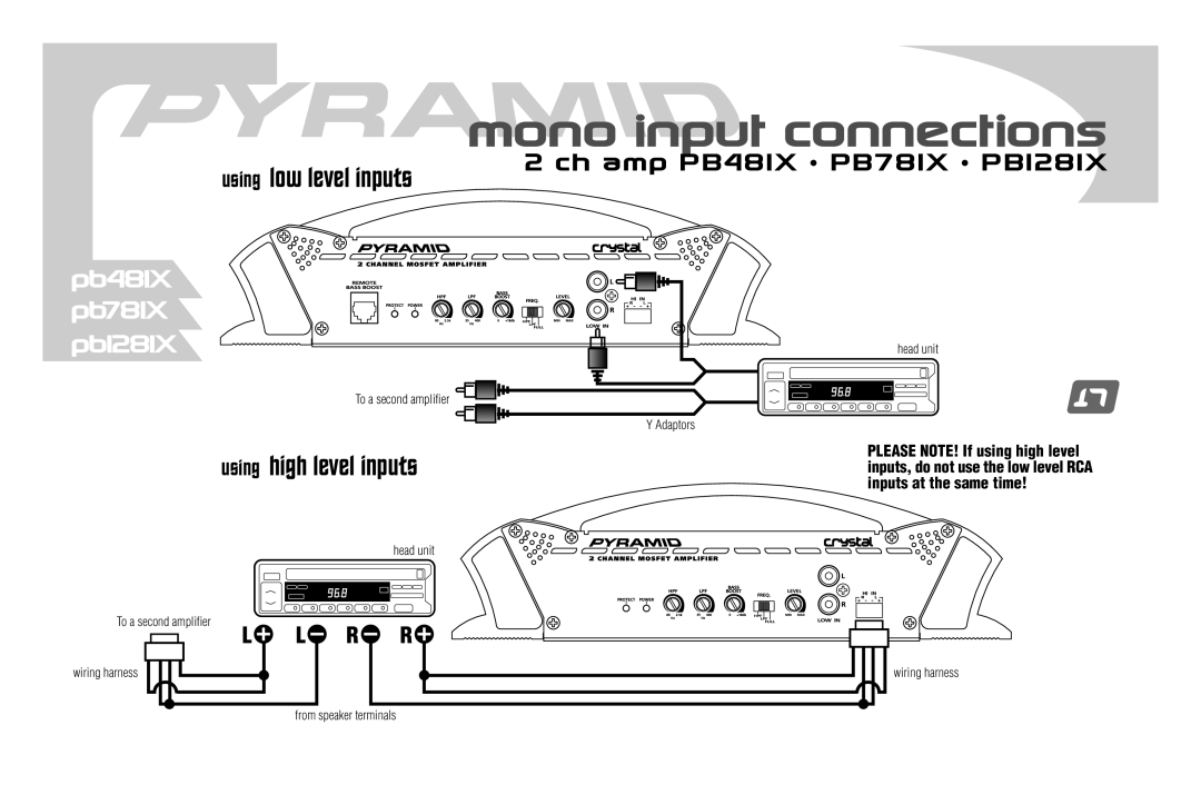 Pyramid Car Audio PB681X, PB881X, PB781X, PB1881X, PB481X, PB1281X manual Mono input connections, Using low level inputs 