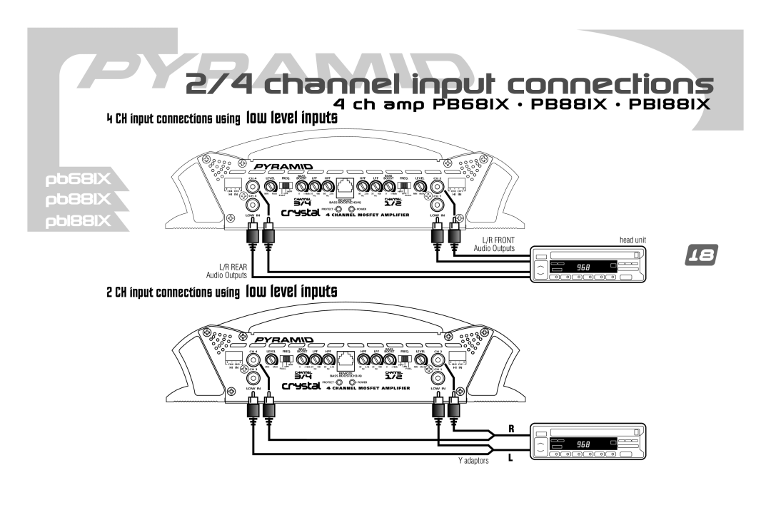 Pyramid Car Audio PB881X, PB681X, PB781X, PB1881X, PB481X, PB1281X manual Channel input connections, Pb881X 