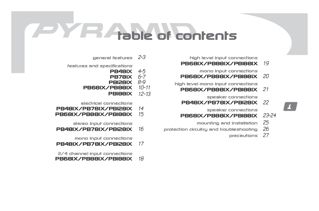 Pyramid Car Audio PB781X, PB681X, PB881X, PB1881X, PB481X, PB1281X manual Table of contents 