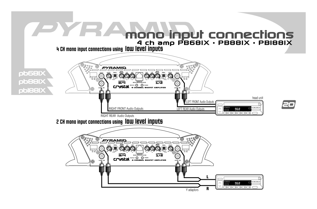 Pyramid Car Audio PB1881X, PB681X, PB881X, PB781X, PB481X, PB1281X manual CH mono input connections using low level inputs 