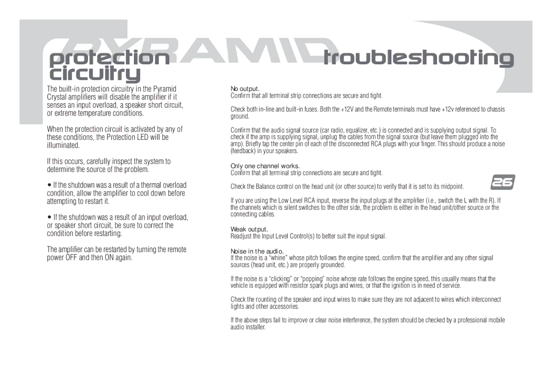 Pyramid Car Audio PB1881X, PB681X, PB881X, PB781X, PB481X, PB1281X manual Protection circuitry, Troubleshooting 