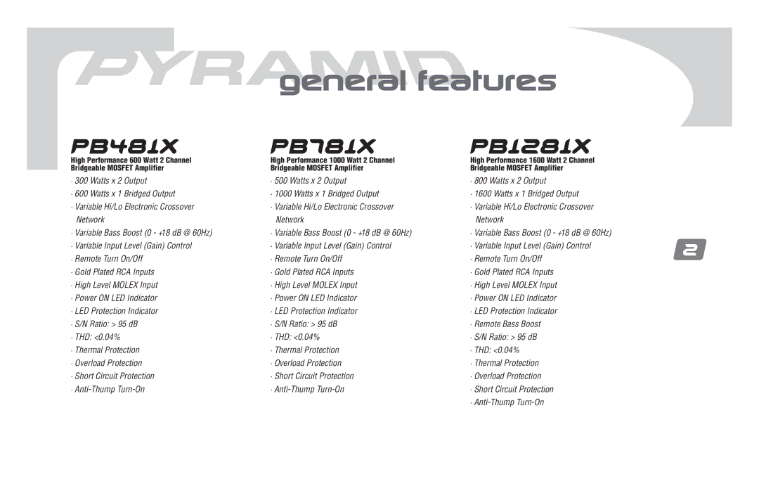 Pyramid Car Audio PB1881X, PB681X, PB881X manual PB481X PB781X PB1281X, General features 