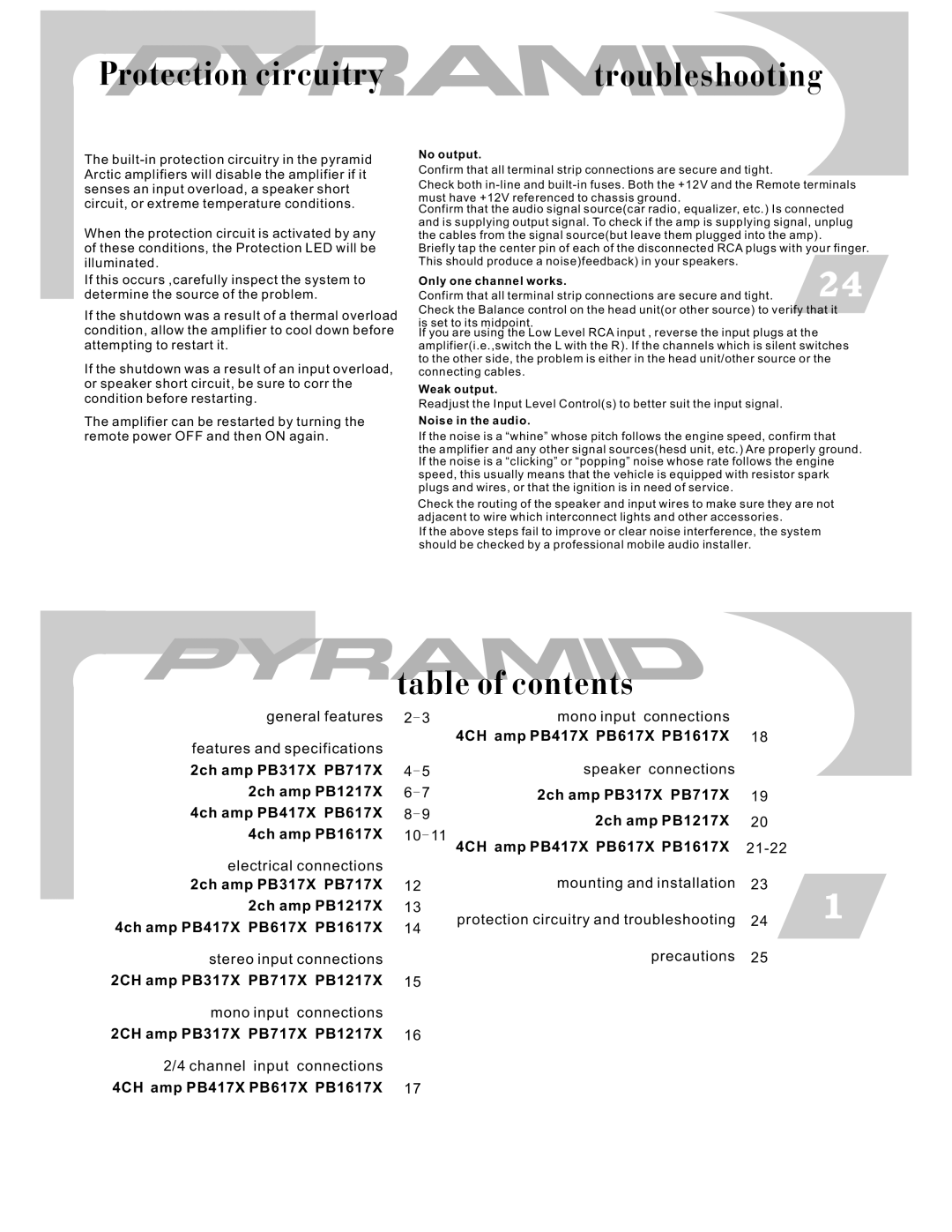 Pyramid Car Audio PB417X, PB717X, PB617X, PB1617X, PB1217X, PB317X user manual Troubleshooting, Table of contents 