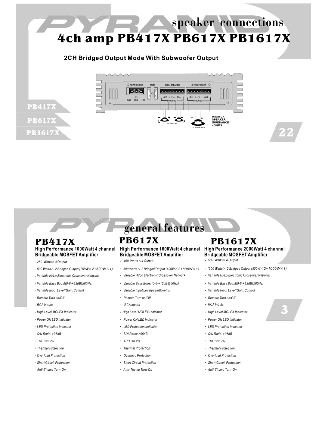 Pyramid Car Audio PB317X, PB717X, PB1217X user manual Speaker connections, 4ch amp PB417X PB617X PB1617X 