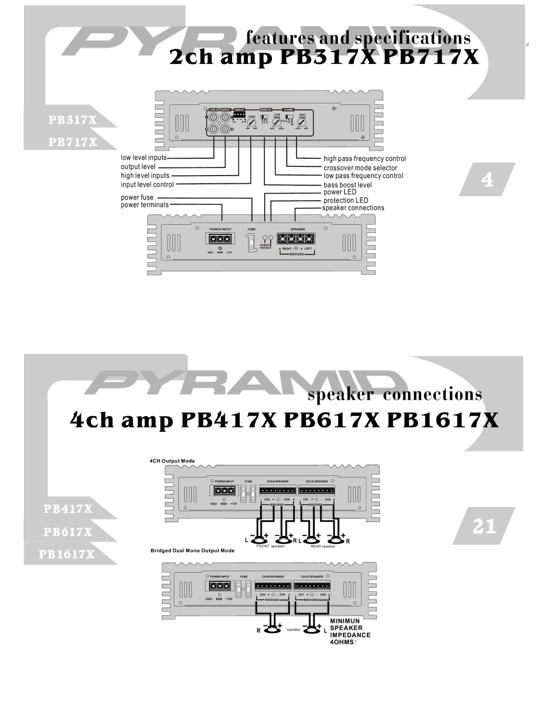 Pyramid Car Audio PB1217X user manual 2ch amp PB317X PB717X, 4ch amp PB417X PB617X PB1617X, Features and specifications 