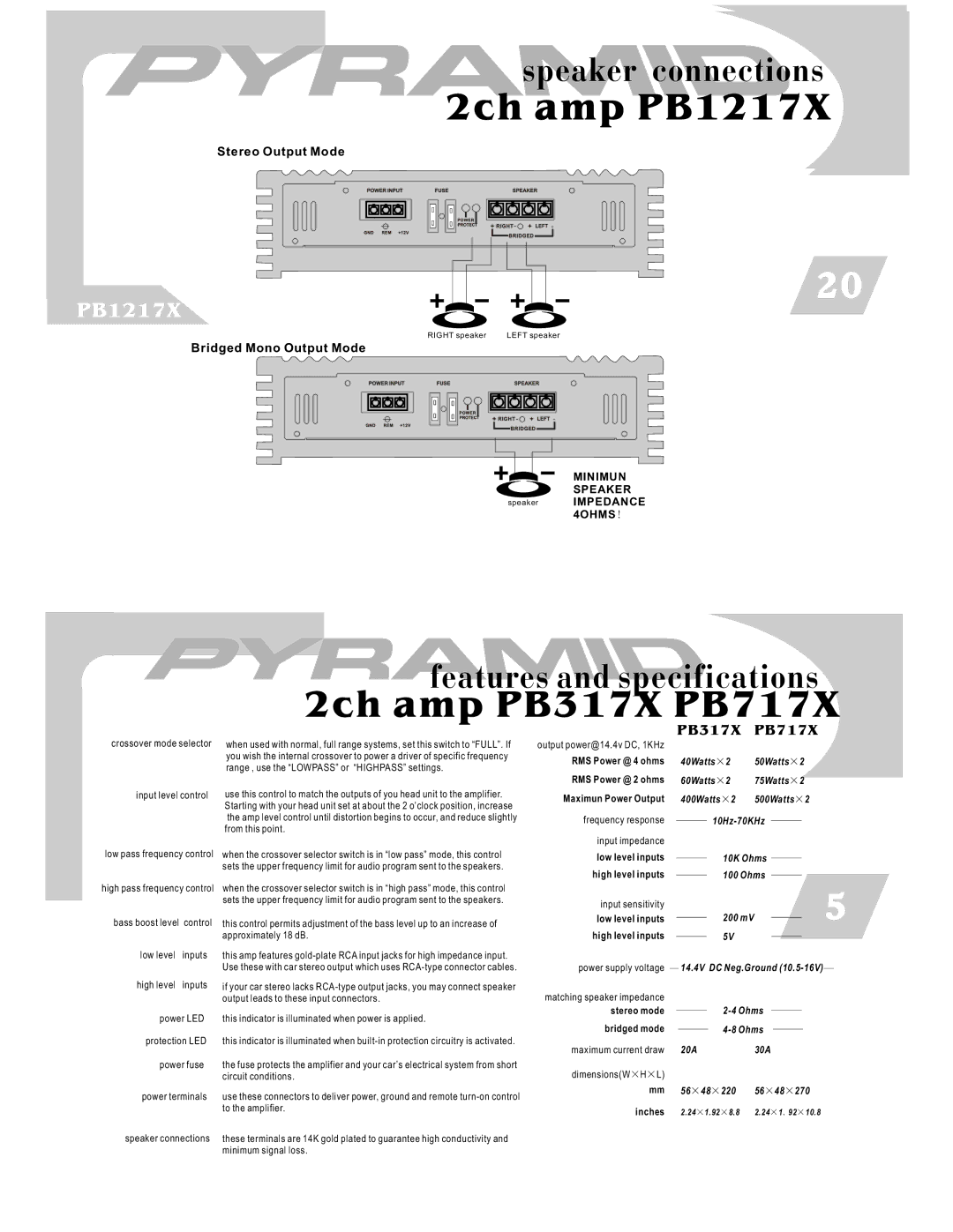 Pyramid Car Audio PB617X, PB717X, PB1617X, PB417X, PB317X user manual 2ch amp PB1217X 