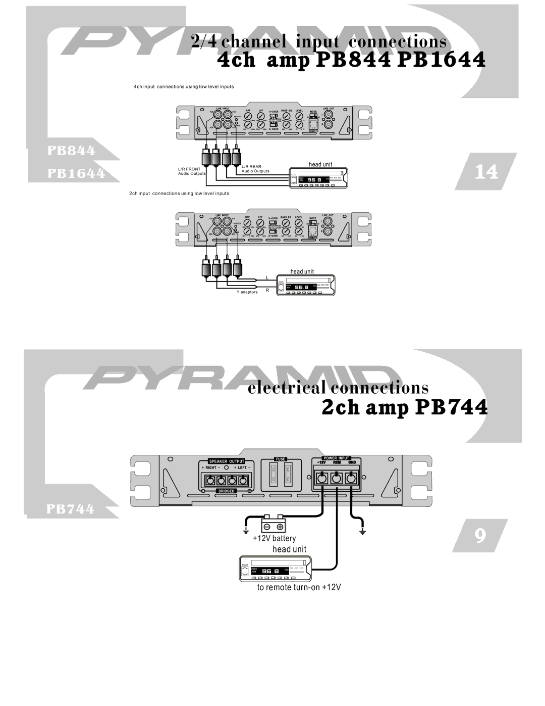 Pyramid Car Audio PB844, PB744, PB1644 warranty Channel input connections, Electrical connections 