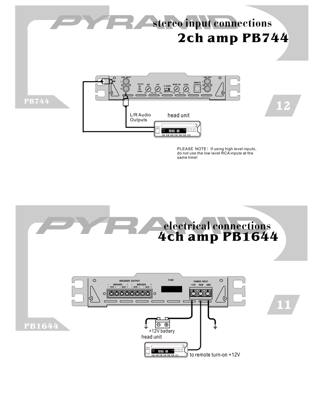 Pyramid Car Audio PB744, PB844, PB1644 warranty Stereo input connections, Audio head unit Outputs 