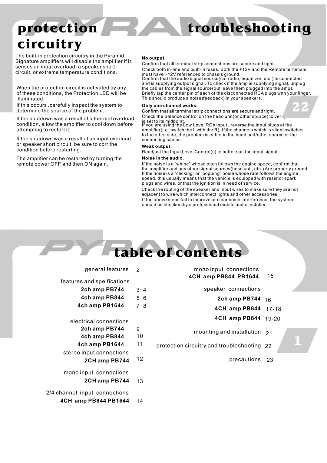 Pyramid Car Audio PB1644, PB744, PB844 warranty Protection Circuitry, Troubleshooting, Table of contents 