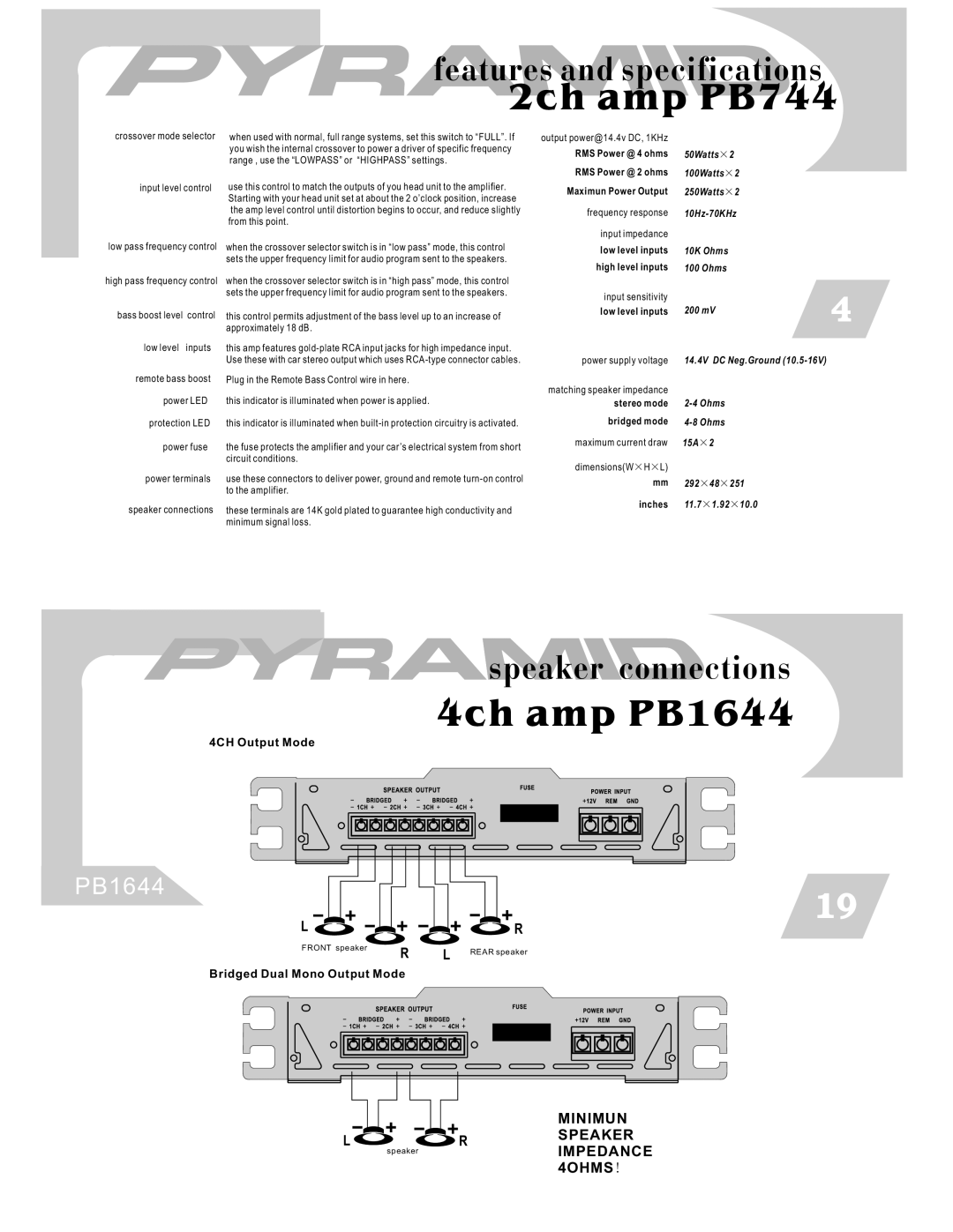 Pyramid Car Audio PB844 warranty 2ch amp PB744, 4ch amp PB1644, Features and specifications, Speaker connections 