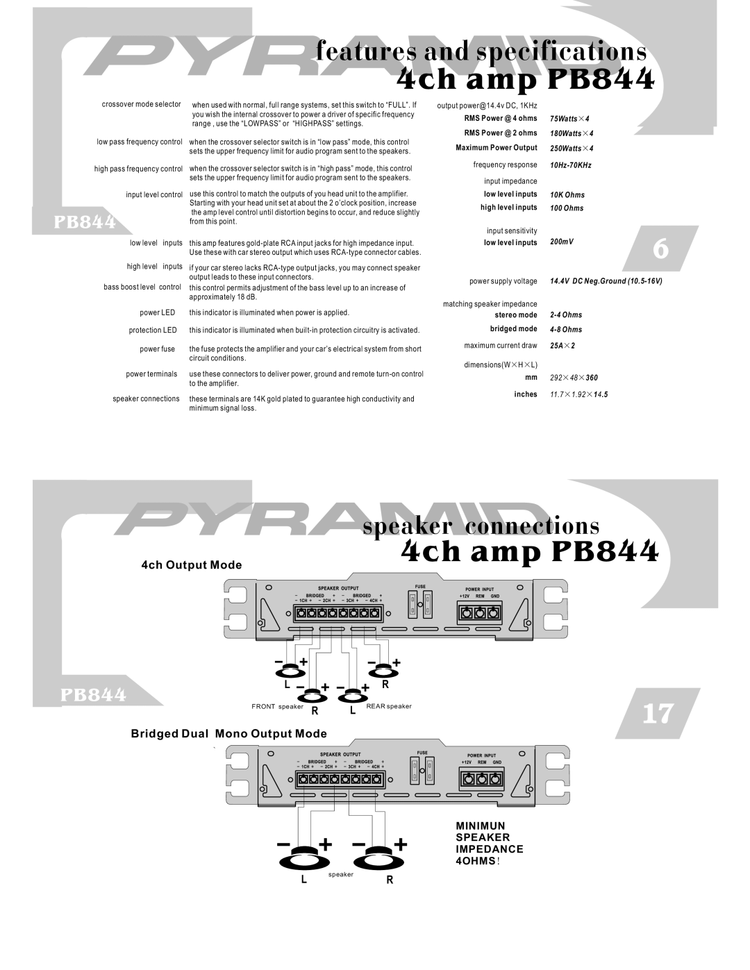 Pyramid Car Audio PB744, PB1644 warranty Features and specifications 4ch amp PB844 