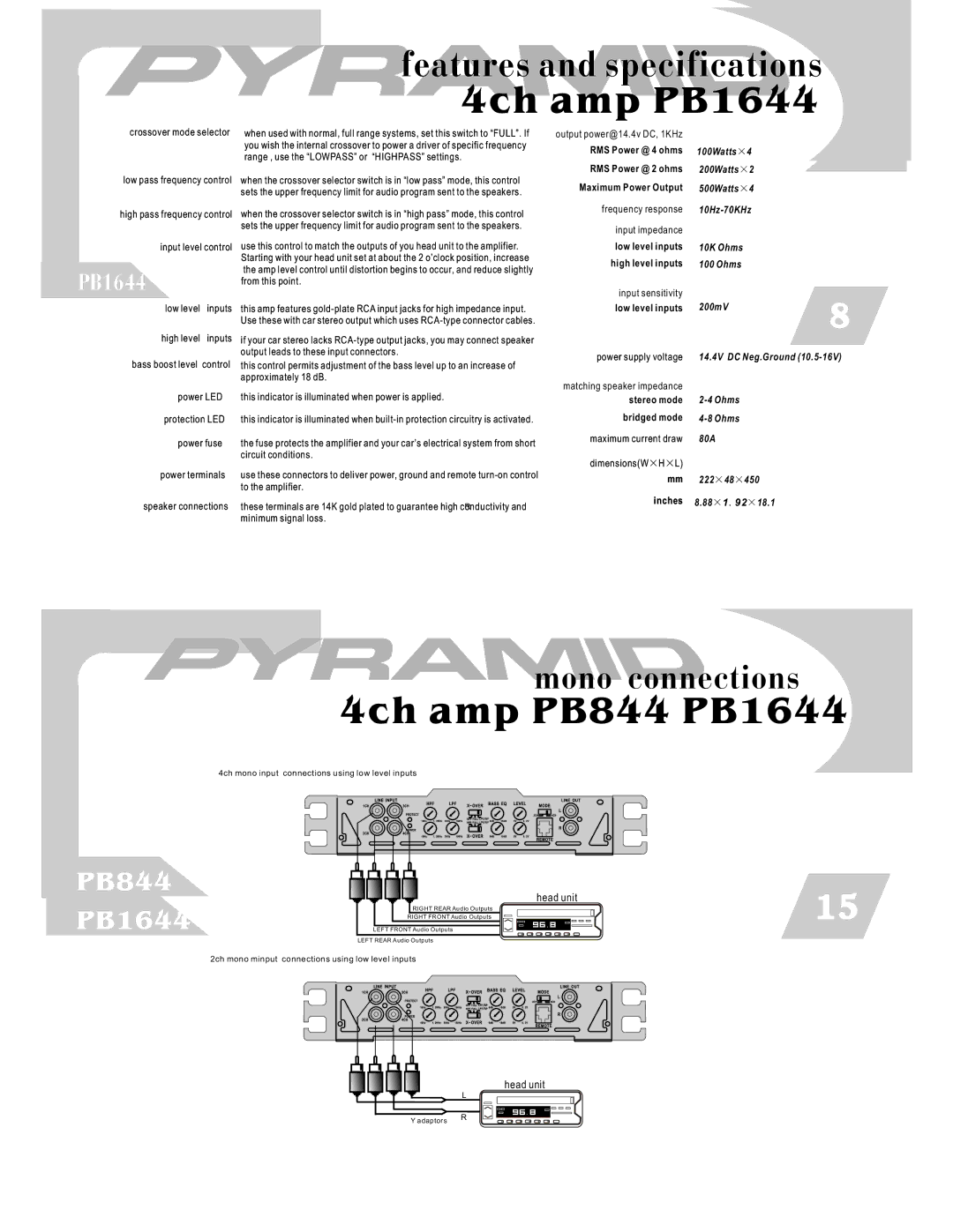 Pyramid Car Audio PB744 warranty 4ch amp PB844 PB1644, Mono connections 