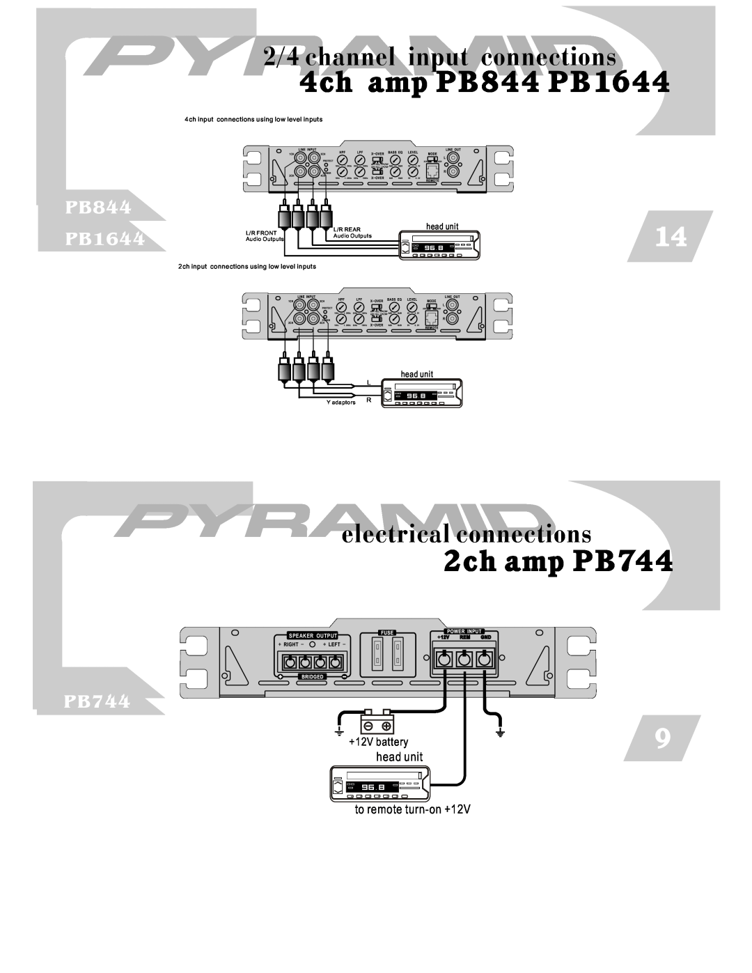 Pyramid Car Audio 2/4 channel input connections, electrical connections, 4ch amp PB844 PB1644, 2ch amp PB744 