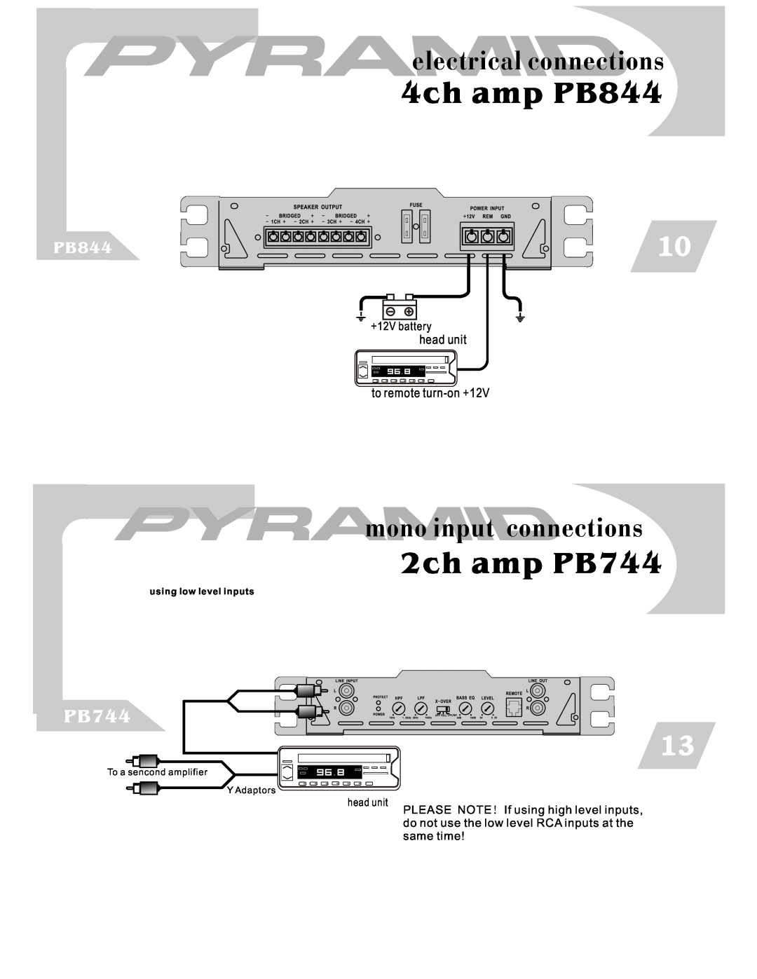 Pyramid Car Audio PB1644 warranty mono input connections, 4ch amp PB844, 2ch amp PB744, electrical connections, head unit 