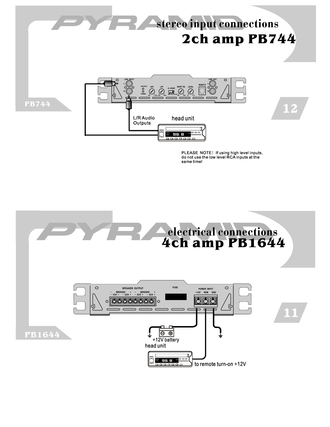 Pyramid Car Audio PB844 stereo input connections, 2ch amp PB744, 4ch amp PB1644, electrical connections, head unit 