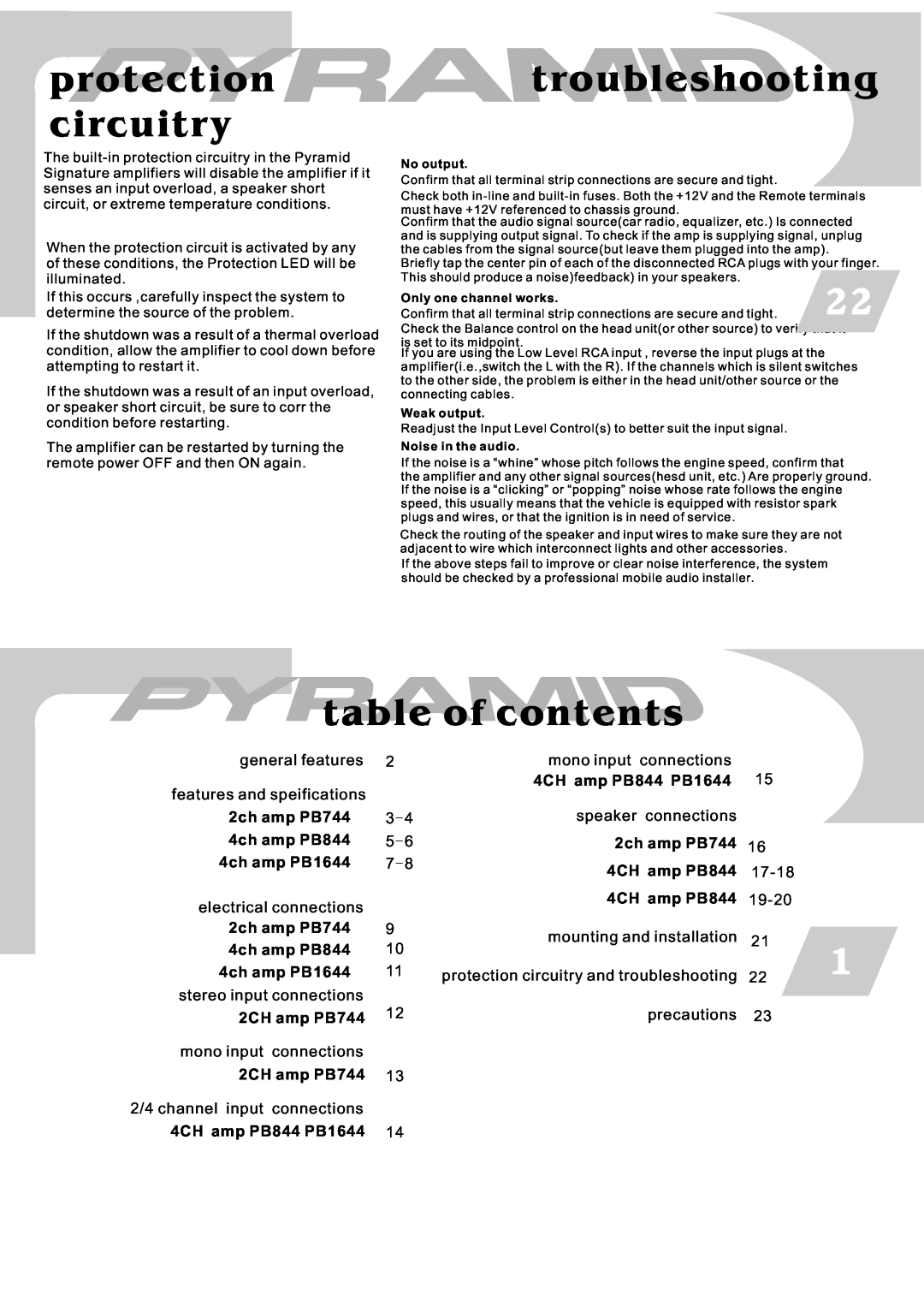 Pyramid Car Audio PB1644, PB744, PB844 warranty protection circuitry, troubleshooting, table of contents 