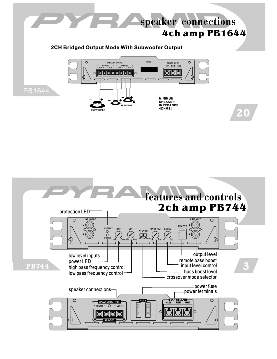Pyramid Car Audio PB844 warranty speaker connections, features and controls, 2ch amp PB744, PB1217, 4ch amp PB1644 