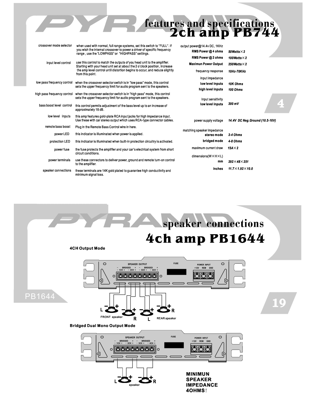 Pyramid Car Audio 2ch amp PB744, 4ch amp PB1644, features and specifications, speaker connections, 4CH Output Mode 